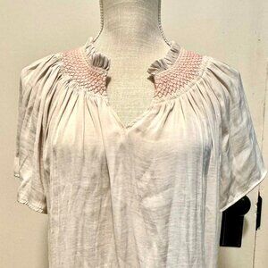 Rachel Zoe Short Sleeve Satin Blouse with V Neck and Pink Embroidery/NWOT/L